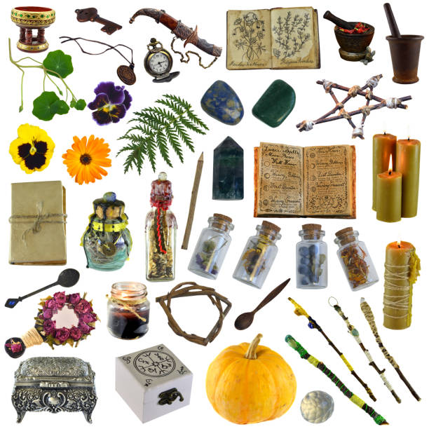istock Design clip art set with book of spells, candles, pentagram and magic ritual objects isolated on white background 1360162192