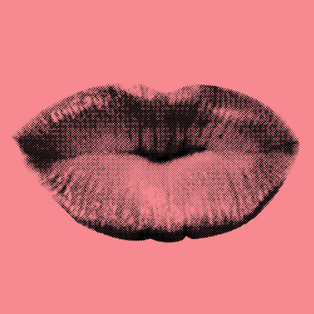 Woman lips in black halftone pattern Vector shape illustration of cut woman lips in kiss shape and in black halftone effect made from small dots on pink background lipstick kiss stock illustrations