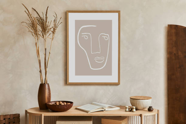 istock Elegant living room interior composition with console, mock up poster frame and stylish personal accessories. Copy space. Template. 1360164880