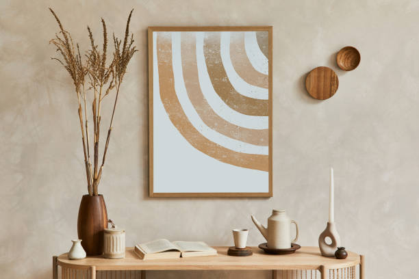 istock Elegant living room interior composition with console, mock up poster frame and stylish personal accessories. Copy space. Template. 1360164908