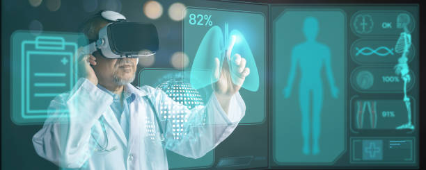 Digital medical health futuristic and global metaverse technology, doctor wearing best VR headset equipment to check internal organs patient on screen, future innovation concept stock photo