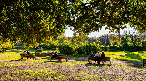 Rome, Italy, December 14 -- Some people enjoy a warm sunny autumn day on the benches of Villa Borghese, in the green heart of Rome. Considered the green lung of Rome, Villa Borghese is the largest public park in the city with almost 80 hectares of extension, where residents and tourists can spend hours of relaxation and silence among tree-lined avenues, ponds and Italian and English-style gardens surrounded by trees and ancient pines. The area of the Villa Borghese includes the extension of ancient gardens the of the Borghese family since 1580, while the current arrangement of the park was completed in 1903 in neoclassical style. In 1980 the historic center of Rome was declared a World Heritage Site by Unesco. Wide angle image in high definition and 16:9 format.