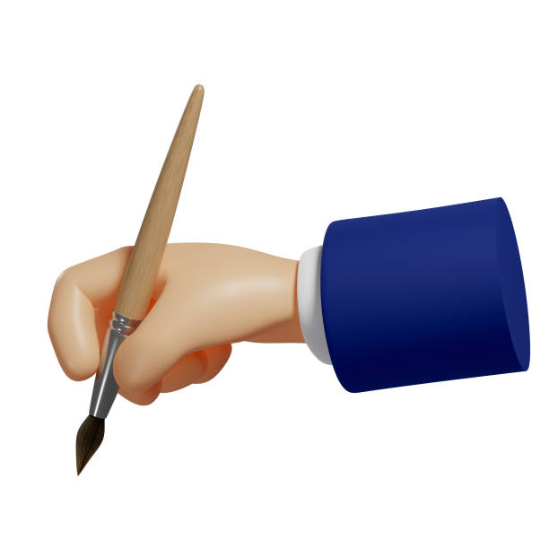 istock 3d hand holds a paintbrush. Creative process of creating website design, user interface, mobile app, advertising. Isolated illustration on white background, 3d rendering 1360168530