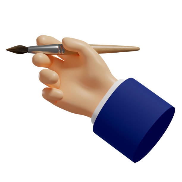 istock 3d hand holds a paintbrush. Creative process of creating website design, user interface, mobile app, advertising. Isolated illustration on white background, 3d rendering 1360168535