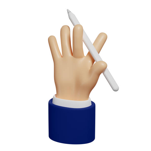 istock 3d hand holds a pencil or digital pen, stylus for tablet. To make sketches, notes. Isolated illustration on white background, 3d rendering 1360168546