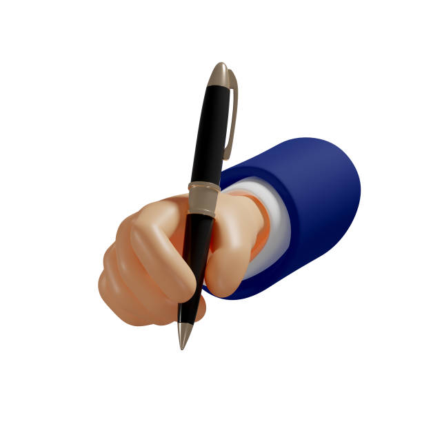 istock 3d hand holds a pen. To take notes, to write down. Isolated illustration on white background, 3d rendering 1360168572