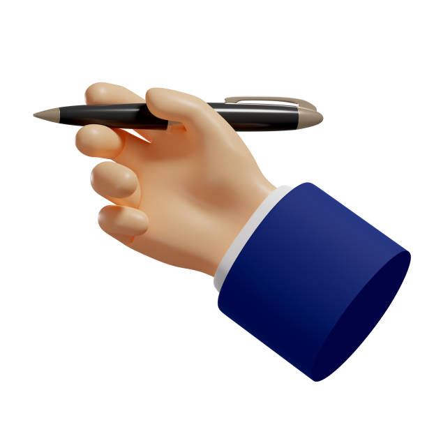 istock 3d hand holds a pen. To take notes, to write down. Isolated illustration on white background, 3d rendering 1360168573