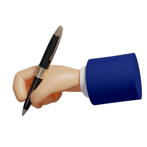 istock 3d hand holds a pen. To take notes, to write down. Isolated illustration on white background, 3d rendering 1360168576