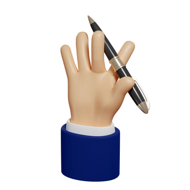 istock 3d hand holds a pen. To take notes, to write down. Isolated illustration on white background, 3d rendering 1360168583