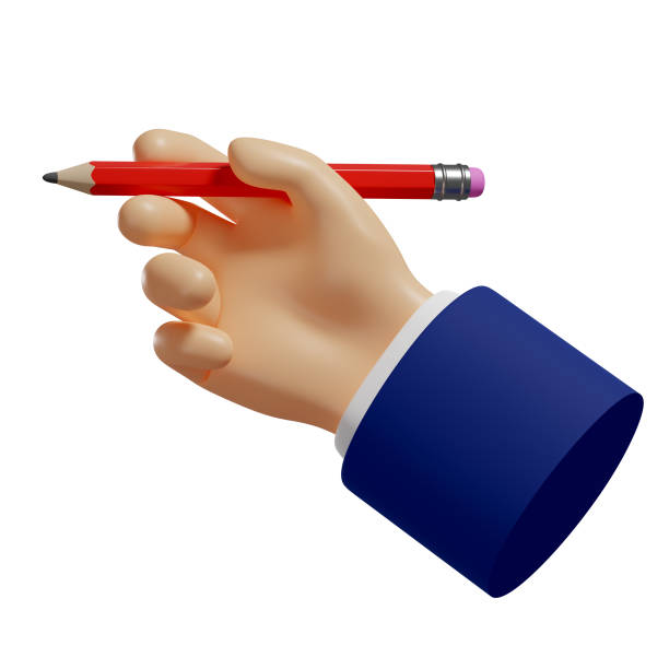 istock 3d hand holds a red pencil. To make sketches, notes. Isolated illustration on white background, 3d rendering 1360168592