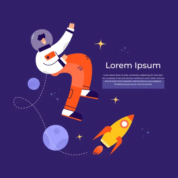 Vector illustration of Funny astronaut with a rocket in space, poster