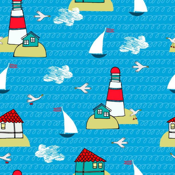 istock Seamless pattern with beacons, sailboats, sea birds and clouds in cartoon style 1360171989