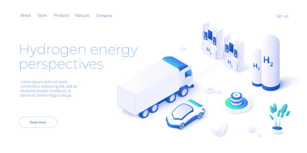 illustrations, cliparts, dessins animés et icônes de concept d’économie verte et d’énergie renouvelable dans l’illustration vectorielle isométrique. voiture électrique à hydrogène et véhicule à carburant h2. des centrales électriques durables pour un environnement de terre propre - isometric gas station transportation car