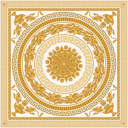 Baroque scrolls rosette, golden Greek key pattern frieze