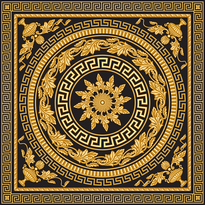 Baroque scrolls rosette, golden Greek key pattern frieze, meander border, floral round frame, grape-vine garland on a black background. Scarf, bandana print, neckerchief, square pocket range, handkerchief, carpet