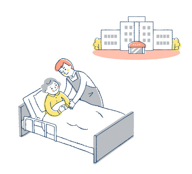 Senior female and male care staff in hospital beds Grandmother, long-term care, hospitalization, senior female, health care, long-term care staff nurse smock stock illustrations