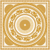 istock Baroque scrolls rosette, golden Greek key pattern frieze, meander circle  border, floral carved frame, grapevine garland on a beige background. Scarf, bandana print, neckerchief, square pocket range, handkerchief, carpet 1360174375