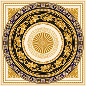 istock Baroque scrolls rosette, golden Greek key pattern frieze, meander border, floral round frame, grape-vine garland on a beige and indigo blue background 1360174420