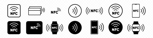Nfc icon set. Contactless payment. Online transaction. Nfc symbol for your web site design, logo, app, UI. Vector line icon for Business and Advertising Nfc icon set. Contactless payment. Online transaction. Nfc symbol for your web site design, logo, app, UI. Vector line icon for Business and Advertising. approaching stock illustrations