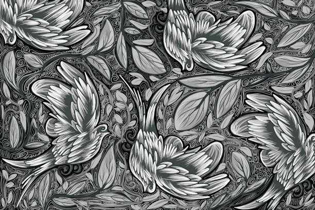 czarno-biały bezszwowy wzór z ptakami - gołąb ilustracje stock illustrations