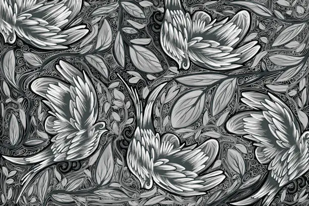 Vector illustration of Black and white seamless pattern with birds