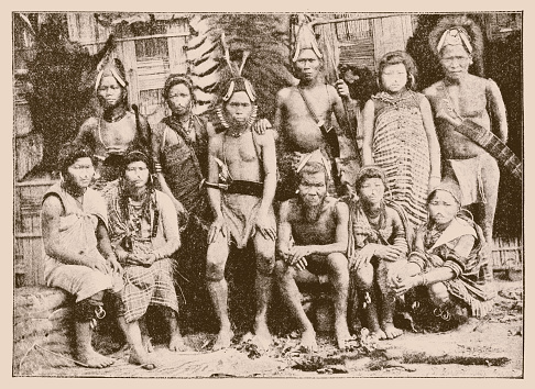 Illustration of a Naga warriors in Assam, 1903. Members of the tribe Naga. The Naga are a Mongoloid, Tibeto-Burman speaking mountain tribe in northeastern India and in the neighboring Burma
