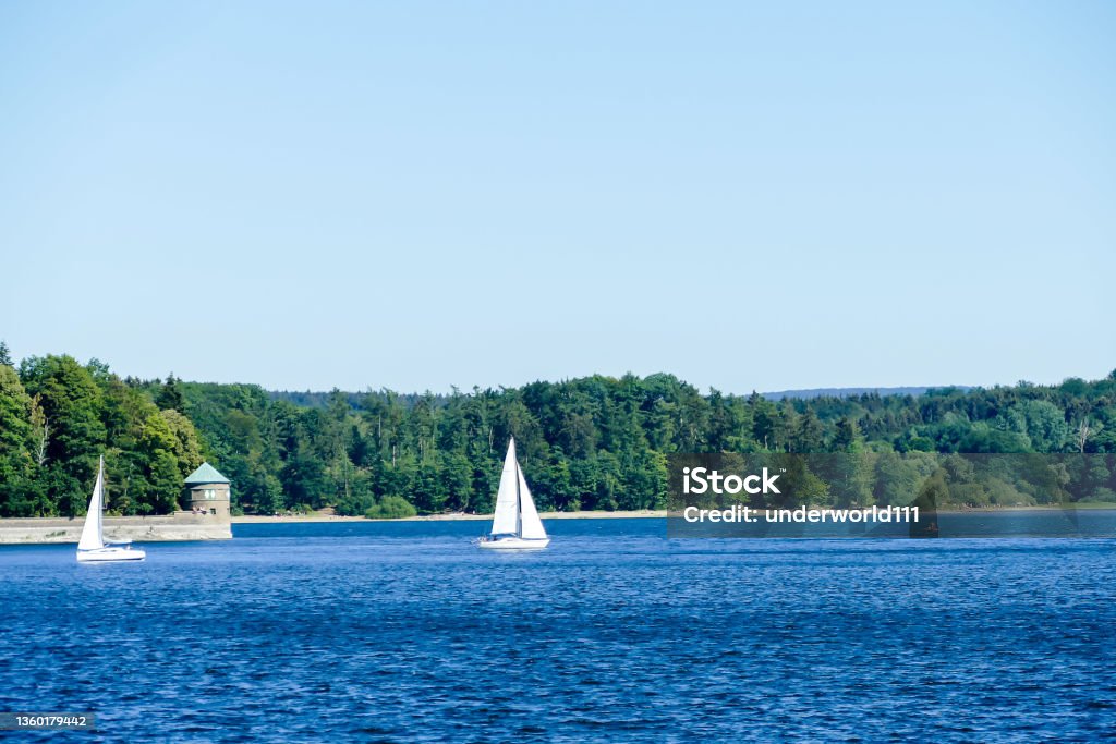sailing boat on the river, in Sweden Scandinavia North Europe sailing boat on the river, beautiful photo digital picture Blue Stock Photo