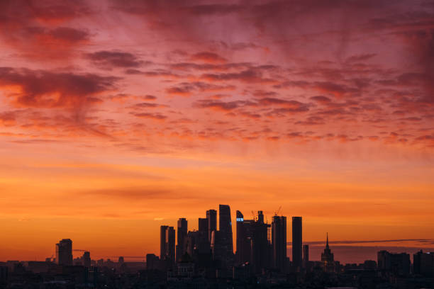 istock Amazing pink sunset and city skyline 1360179567