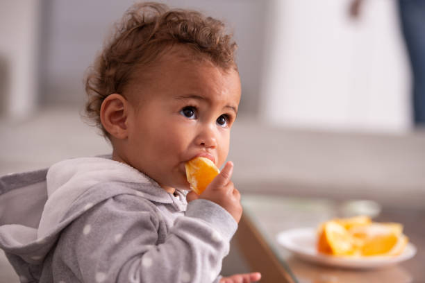 bebé comiendo fruta de naranja. - baby food fotografías e imágenes de stock