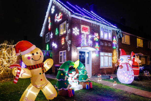 Lake Oswego, OR, USA - Dec 15, 2023: Christmas decorations in the front yard of a Lake Oswego home in the suburb of the Portland metro area in Oregon during the holiday season.