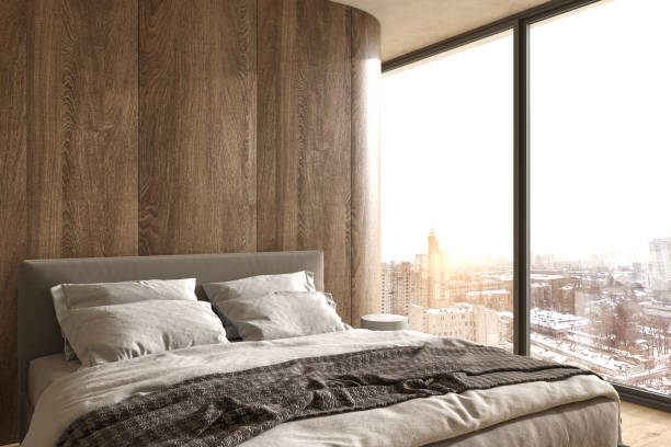 istock Modern interior design bedroom in scandinavian style. Apartment with large window and view winter. 3d rendering illustration. 1360181034