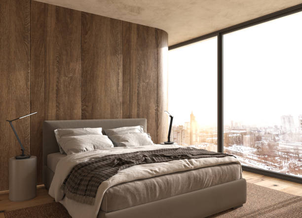 istock Modern interior design bedroom in scandinavian style. Apartment with large window and view winter. 3d rendering illustration. 1360181052