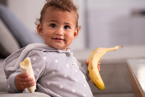 Portrait of hungry baby eating banana fruit. Child healthy eating.