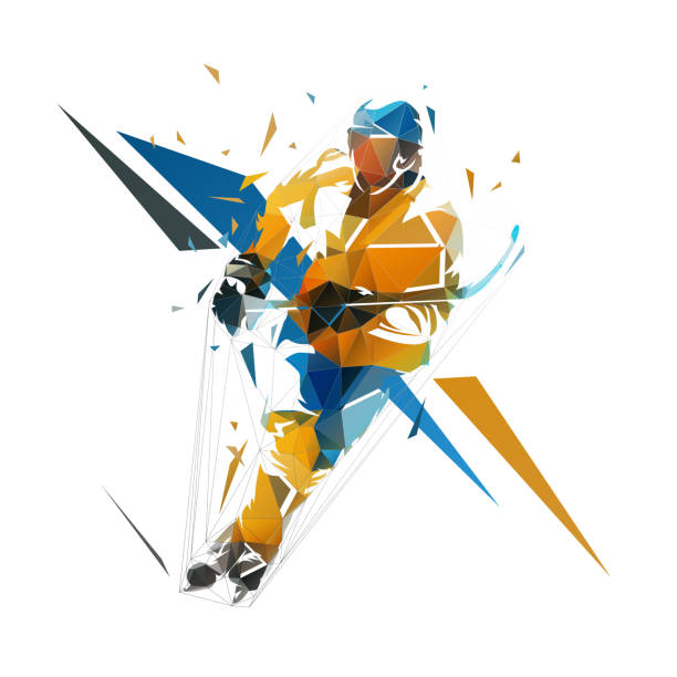 Hockey player, low polygonal isolated vector illustration, front view. Winter team sport athlete from triangles vector art illustration