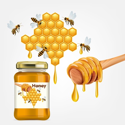 Wildflower honey product package design in 3d illustration with honey dipper and dripping liquid