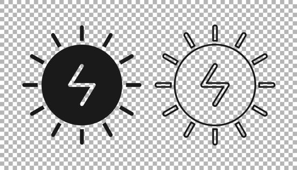 schwarze sonnenenergie-panel-symbol isoliert auf transparentem hintergrund. sonne mit blitzsymbol. vektor - solar power station solar panel sun house stock-grafiken, -clipart, -cartoons und -symbole