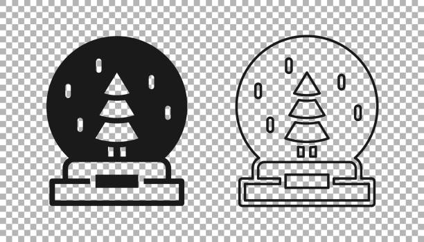 czarna świąteczna kula śnieżna z opadłym śniegiem i ikoną choinki odizolowaną na przezroczystym tle. wesołych świąt i szczęśliwego nowego roku. wektor - snow globe dome glass transparent stock illustrations