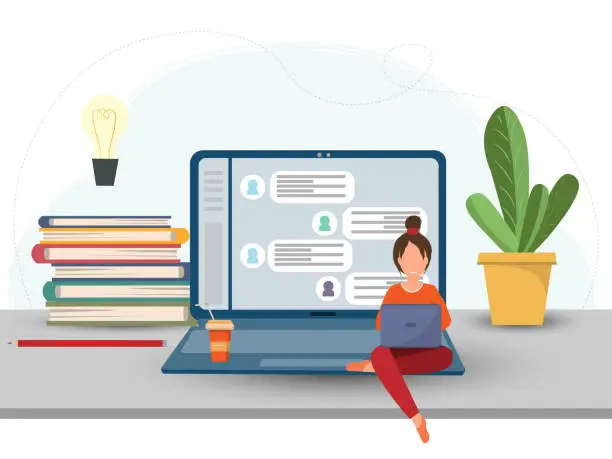 Vector illustration of Young happy tiny woman working with notebook chatting in the internet, online work concept, team comunication concept, flat vector illustration