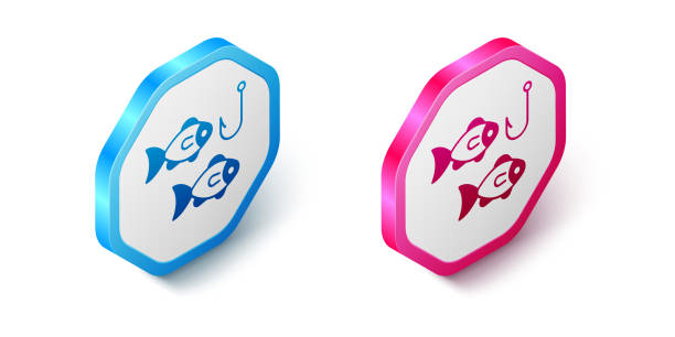 Isometric Fishing hook under water with fish icon isolated on white background. Fishing tackle. Hexagon button. Vector Isometric Fishing hook under water with fish icon isolated on white background. Fishing tackle. Hexagon button. Vector. barb feather part stock illustrations