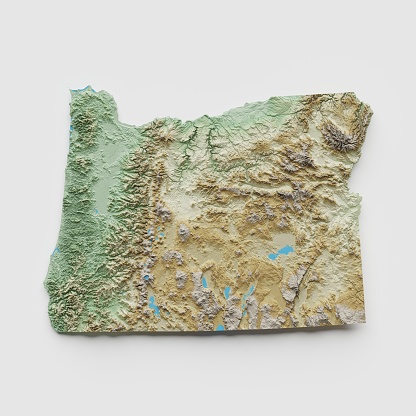3D render of a topographic map of Oregon. All source data is in the public domain. SRTM data courtesy of the U.S. Geological Survey.