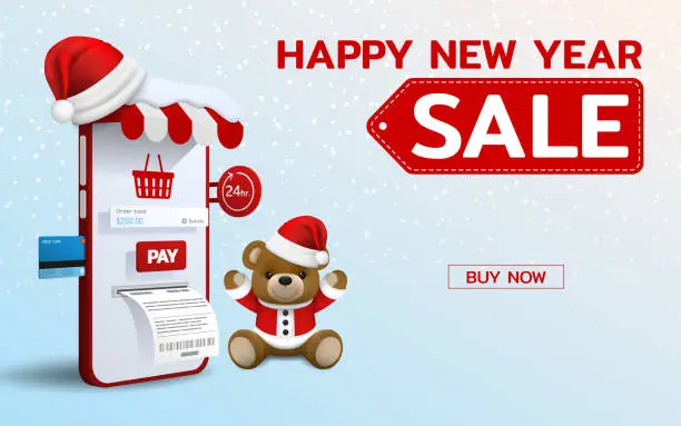 Vector illustration of Online shopping in Merry Christmas, Happy new year theme with cute Bear wearing Santa hat 3d perspective vector design. Trading online by credit card convenience to customers who use the service.