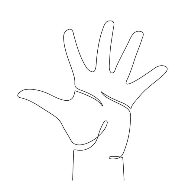 gest dłoni, jedna linia, ciągły rysunek konturowy, ręcznie rysowany. pięć palców, znak powitania i pokoju. dłoń z linami ratunkowymi. - hand sign peace sign palm human hand stock illustrations