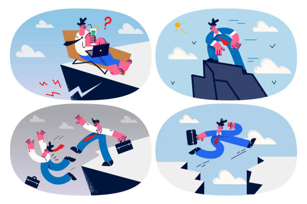 ilustrações de stock, clip art, desenhos animados e ícones de set of businessman involved in risky business deal - cliff mountain laptop remote