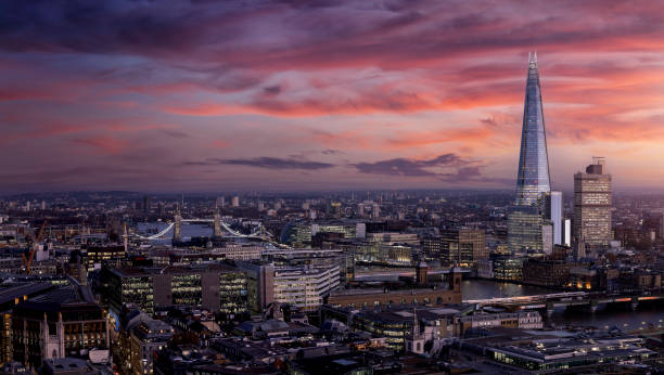 istock Elevated, panoramic view to the London skyline during dusk 1360194028