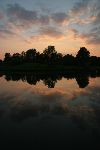 Sunset Reflections On Water.  Cox Arboretum and Gardens Metropark.  Dayton, Ohio.