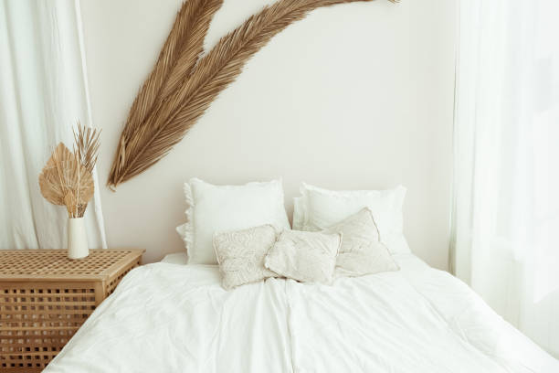 istock Beautiful bedroom interior in bright colors in scandi style 1360195623