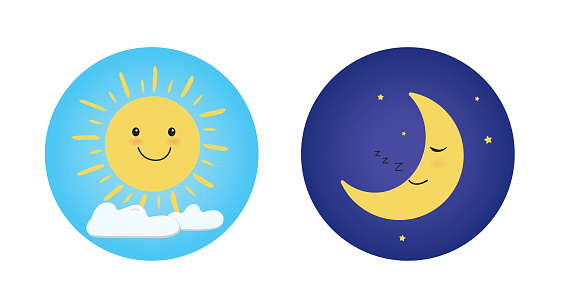 Day and night. Cute sun smiling cartoon character. Moon sleeping. isolated on white background. Vector illustration