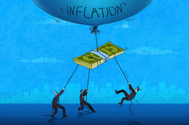 Inflation Money is flying away by the inflation bubble and employees trying to prevent it. (Used clipping mask) crisis illustrations stock illustrations