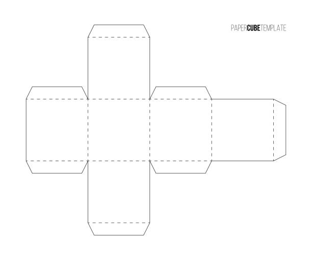 White paper cube template to make box or package, printable blueprint of scheme for board game White paper cube template to make box or package vector illustration. Printable blueprint of scheme to cut geometric model, paper craft to assemble blank parallelepiped for board game isolated on white cube shape stock illustrations