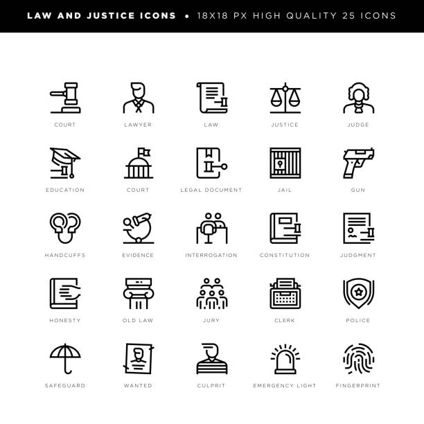 Law and justice icons for lawyer, regulation, judgment, honesty etc. 18 x 18 pixel high quality editable stroke line icons. These 25 simple modern icons are about law and include icons of court, lawyer, law, justice, judge, education, court, legal document, jail, gun, handcuffs, evidence, interrogation, constitution, judgment, honesty, old law, jury, clerk, police etc. interview event patterns stock illustrations
